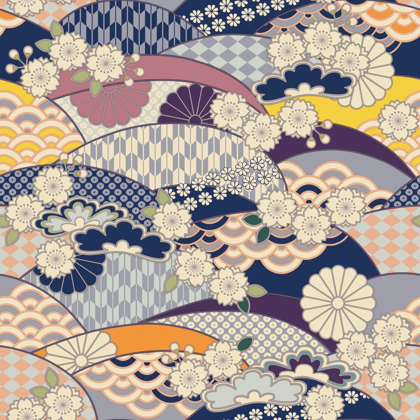 Fabric For Custom order Only - Vintage Japanese Art Sakura, Koi and Crane