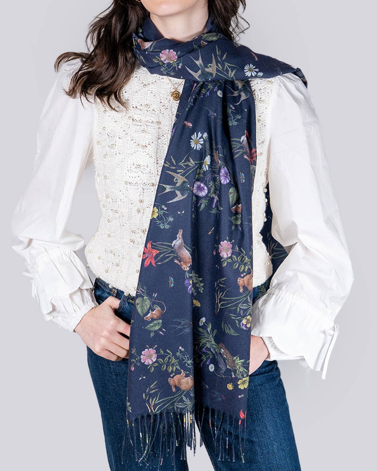 FABLE Navy Running Bunny Toile Fringe Scarf